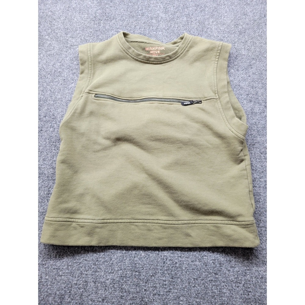 Minkpink Move Womens Small Olive Green Sleeveless Sweatshirt Zipper Pocket Top